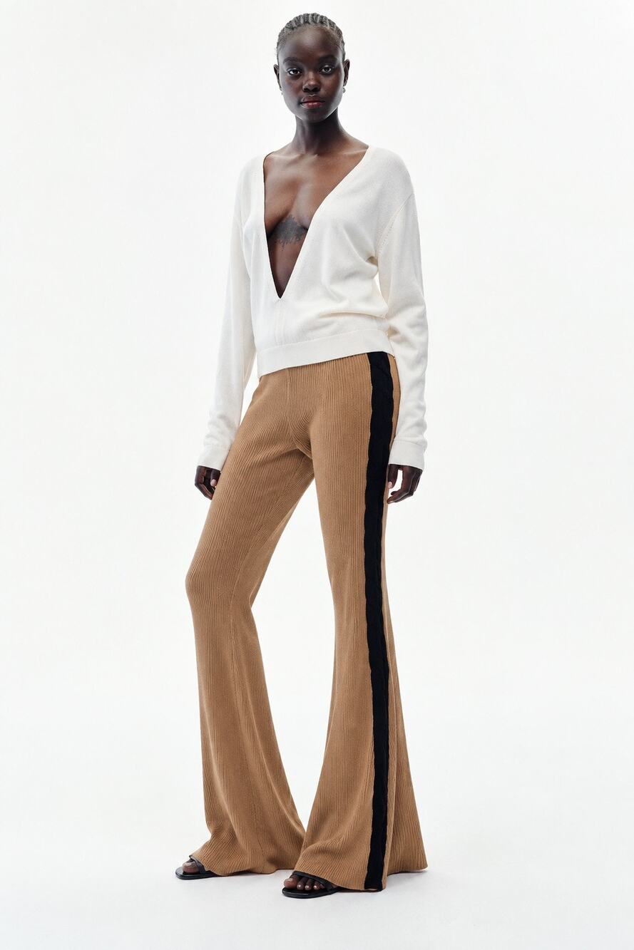 Victor Glemaud Designer Knit Ribbed Flares Wool Pants Camel Black Small Tan